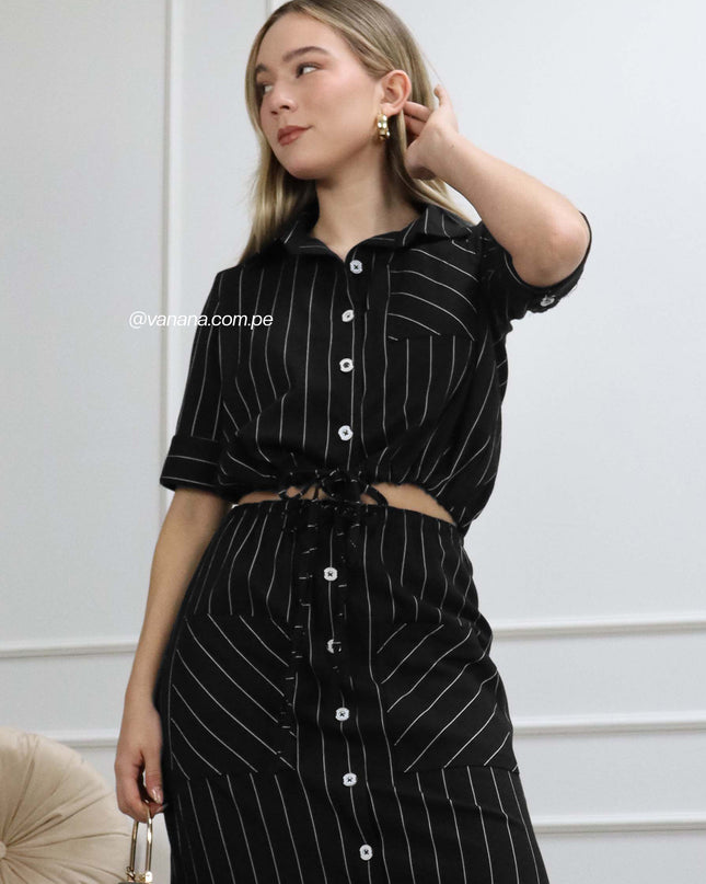 Camisa Cargo de Lino Rayas Adriana Negro