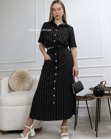 Camisa Cargo de Lino Rayas Adriana Negro