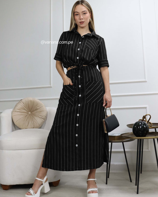 Camisa Cargo de Lino Rayas Adriana Negro