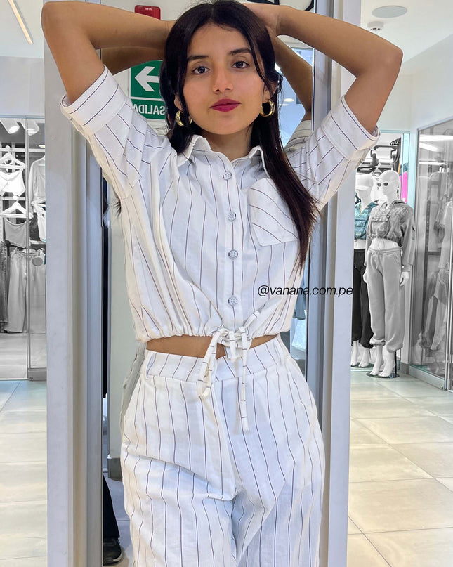 Camisa Cargo de Lino Rayas Adriana Perla