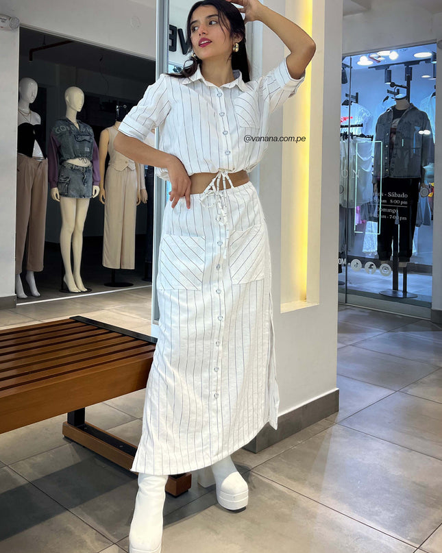 Camisa Cargo de Lino Rayas Adriana Perla