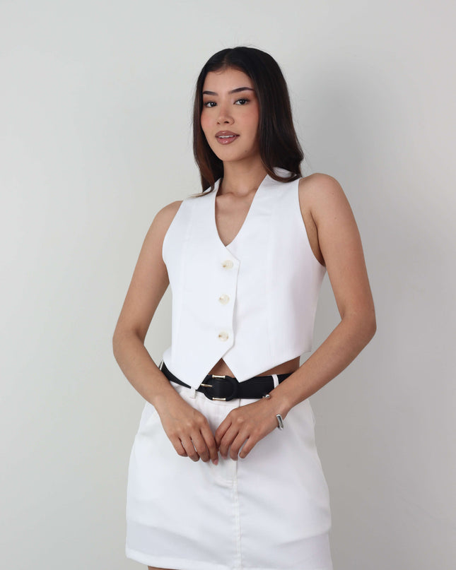 Chaleco Abby blanco en lino rayón para mujer, moderno y elegante