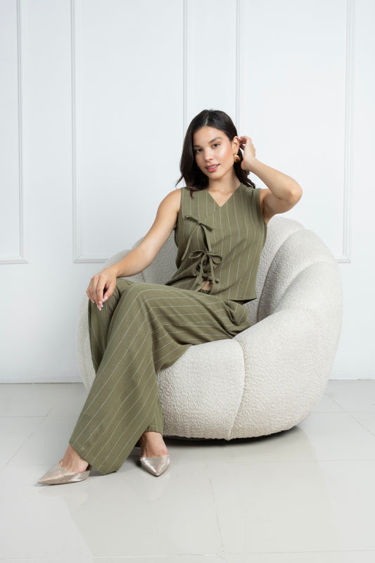 Conjunto Mamá de Lino a Rayas Olivo