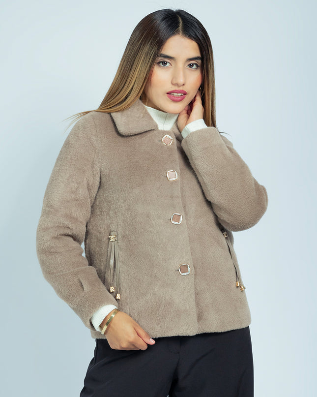 Saco Corto Afelpado Beige Oscuro