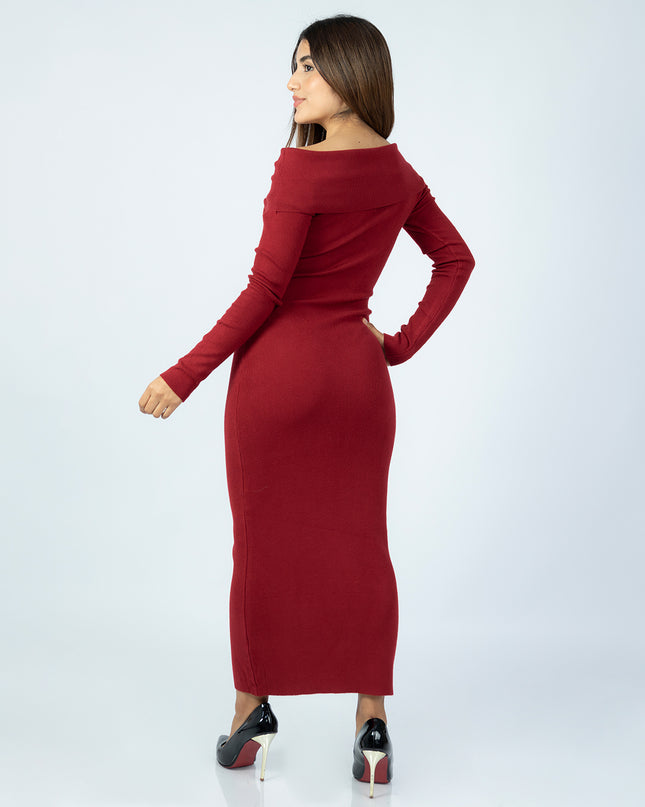Vestido Off Shoulder de Hilo Guinda