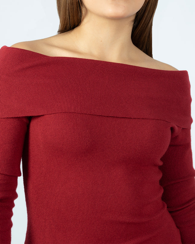 Vestido Off Shoulder de Hilo Guinda