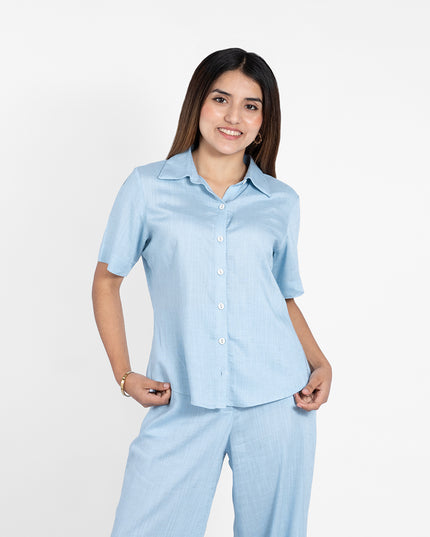 BLUSA FIORE MANGA CORTA EN LINO GRECIA CELESTE