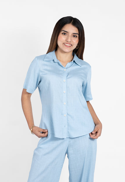 Blusa Fiore manga corta en lino Grecia Celeste