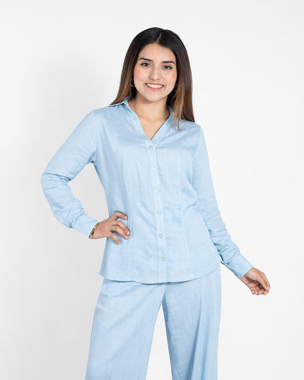 BLUSA BELINDA MANGA LARGA EN LINO GRECIA CELESTE