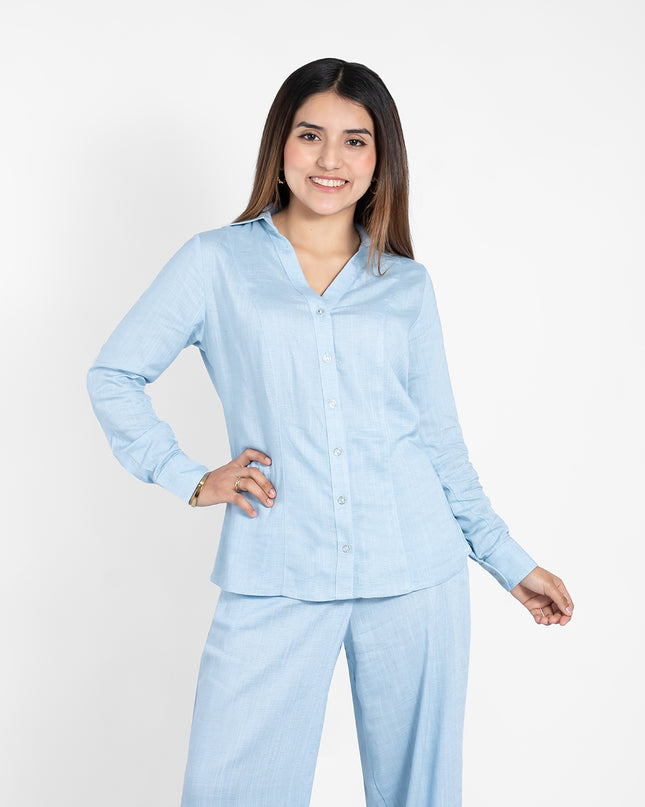 BLUSA BELINDA MANGA LARGA EN LINO GRECIA CELESTE